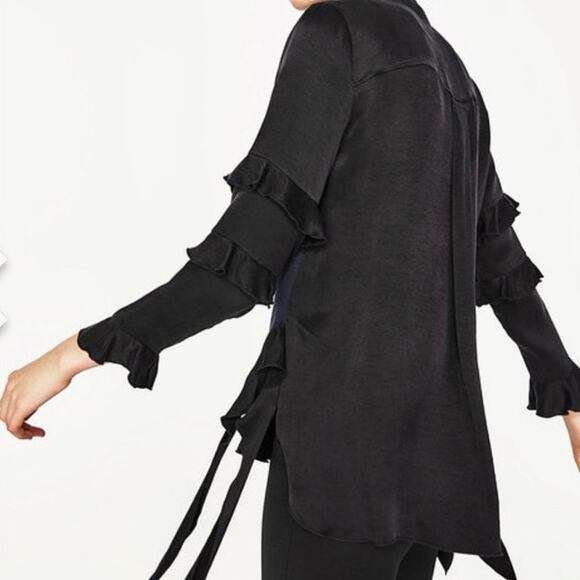 Zara Navy Blue Crew Neck Tiered Color Block Ruffle Long Sleeve Top Sweatshirt M - Picture 3 of 7